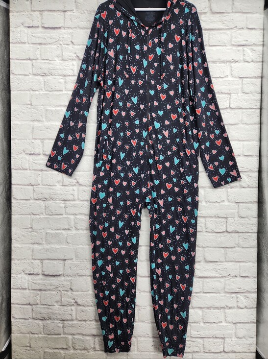 MeUndies Pants - MeUndies Heart Print Hooded Zip Front One Piece Lounge Jumpsuit XL 2XL Cozy